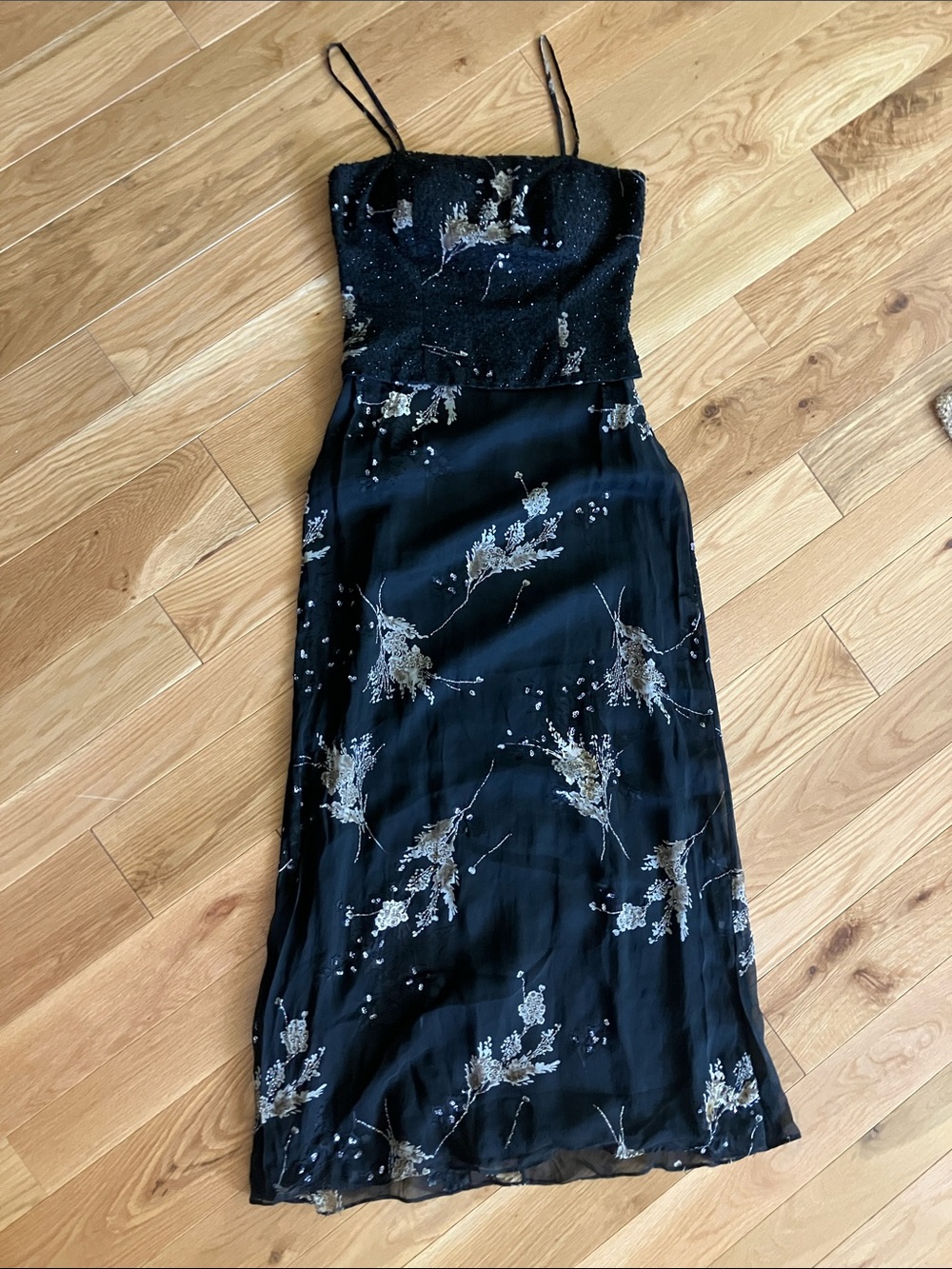 Black Embellished Strap Maxi Dress with Silver Floral Accents